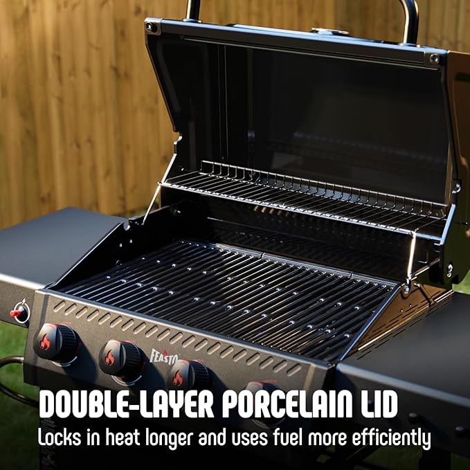 4 Burner Gas Grill, 36,000 BTU Outdoor BBQ Grill with Side Table for Outdoor Cooking & Backyard Barbecue, Premium Enameled Coated Chamber Body with Porcelain-Enameled Grates, Black