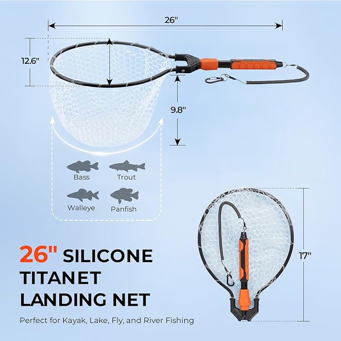 KastKing Titanet Fishing Net, Durable Aluminum Handle, Non-Slip Hi-Vis Grip, Compact Bag & Lanyard, Ideal for Kayak, Lake, Fly, or River Fishing, 2 Net Options