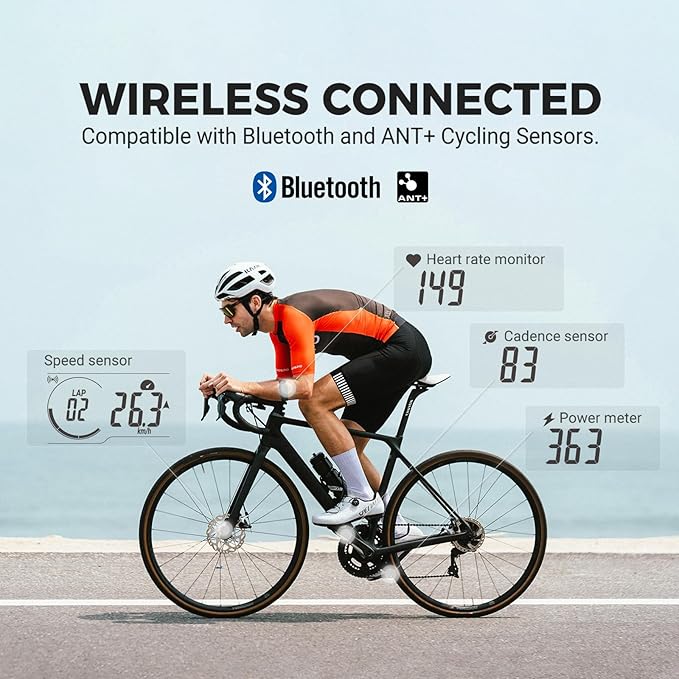 COOSPO CS300 GPS Bike Computer, Wireless Cycling Computer with 2.6 Auto-Backlight LCD Screen, Bluetooth5.0 ANT+ HR/S&C/Power Sensor Compatible, Bicycle GPS Computer for Road/Mountain Bike