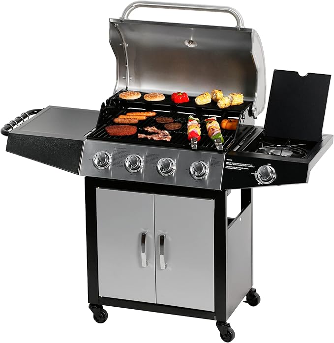 MASTER COOK 4+1 Burners Gas Grill, 518 Sq.in.Cooking Area, 52,000 BTU Propane Grill with Side Burner, Stainless Steel Cabinet Grill, Silver & Black