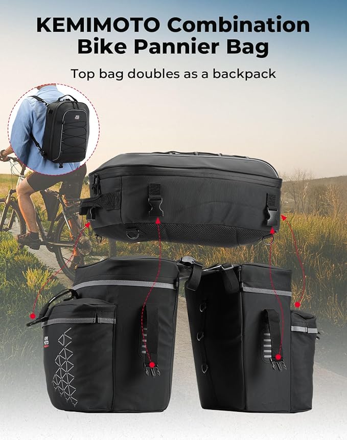 KEMIMOTO Bicycle Panniers Combo 3-in-1, Bike Saddle Grocery Bag with Waterproof Rain Cover, 52L Large Capacity Storage Cargo Cycling Backpack, Mountain Road E-bike Trunk Bag, Black
