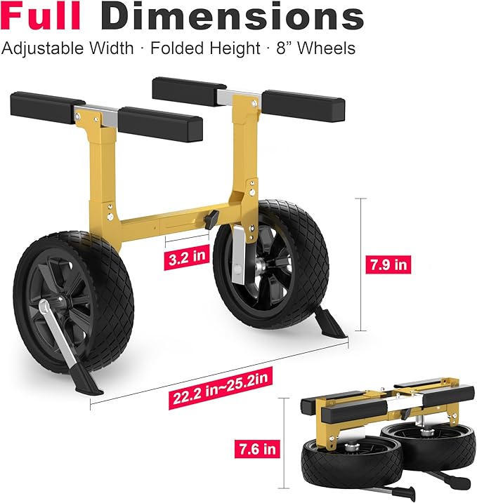 GanFindX Kayak Cart Canoe Trolley Carrier Kayak Accessories Transport Dolly with Solid Foam Wheels Upright Crossbar Heavy Duty Design