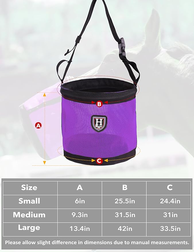 Harrison Howard Horse Muzzle Feed Bag Nylon Mesh Grain Feed Bag with Padded Neck Strap Adjustable Belt Purple Medium