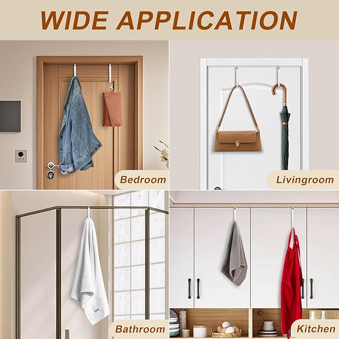 Over The Door Hooks 4 Pack – Rubber Coated Door Hanger for Hanging Clothes, Coats, Towels, Bags – No Drill Over The Door Towel Rack, Hooks for Hanging, Dorm Essentials, Closet Organizer