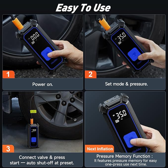 OlarHike Cordless Tire Inflator Portable Air Compressor, Dual Power - 5400 mAh & 12V DC, Air Pump for Car Tires, Bike, Motorcycle, Bicycle, Electric Pump with LED Light & Digital Pressure Gauge