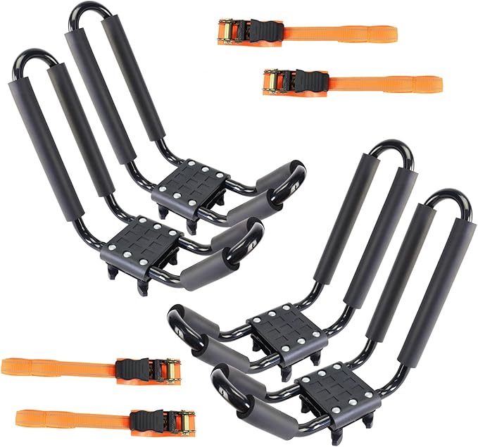 2 Pairs Heavy Duty Kayak Roof Rack J-Bar Carrier Holder - Includes 4 Pcs Ratchet for Canoe, SUV, Cars, Truck, Surf Ski, Tie-Mount on Car Roof Top Crossbar for Trip, Set of 4