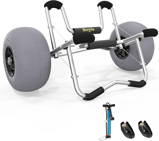 Bonnlo Kayak Cart Trolley Canoe Paddle Board Boat Cart Carrier Dolly with 12" Big Beach Wheels Balloon Kayak Transport Wheels Cart Foldable, Free Pump, 2 Ratchet Straps- Perfect for Soft Sand
