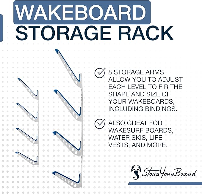 StoreYourBoard 調節可能 ウェイクボード収納ラック – 壁掛け 4段ディスプレイ、頑丈なウォータースポーツ用品ハンガー、ウェイクボード、ウェイクサーフボードなどに、最大45kgまで収納可能