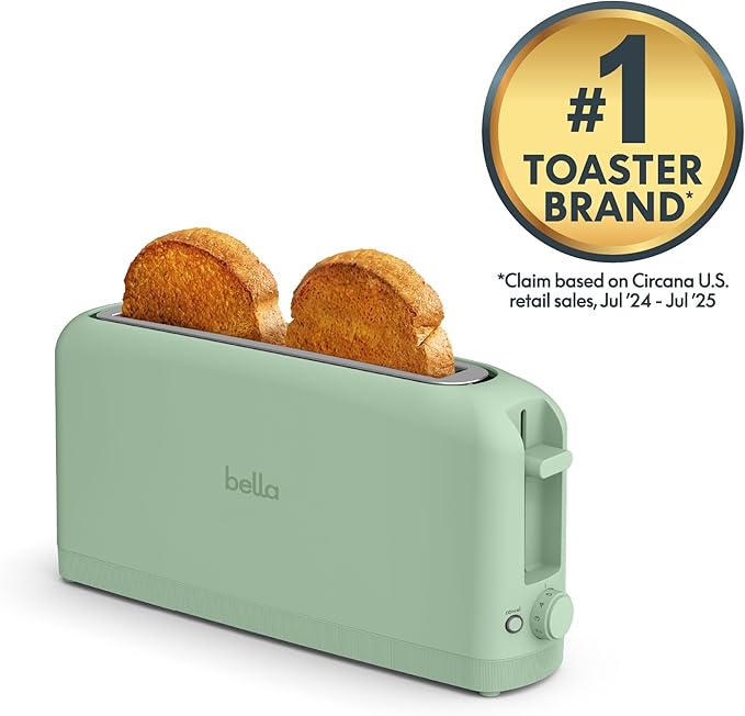 bella 2スライス スリムトースター、どんな場所にもフィットする™キッチンウェア、6段階焼き色調節、再加熱＆キャンセルボタン、サワードウ対応、10インチロングスロット、パン詰まり防止＆自動電源オフ、900W、シーグラス