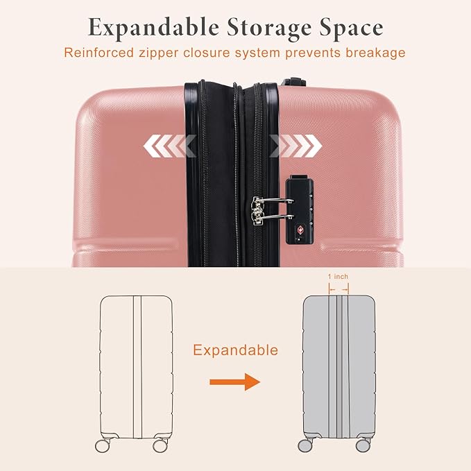 Sweetcrispy 3 PCS Luggage Set, Spinner Wheels Lightweight Expandable Travel Hard Shell Suitcase with TSA Lock, Pale Pink(20/24/28 inch)