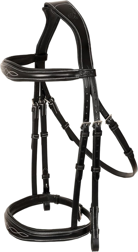 Exion Hunter Anatomic English Bridle – Padded Fancy Stitched Leather Bridle with Rubber Reins – Ergonomic Poll Relief Crownpiece for Show Jumping & Eventing – Stainless Steel – Havana Brown