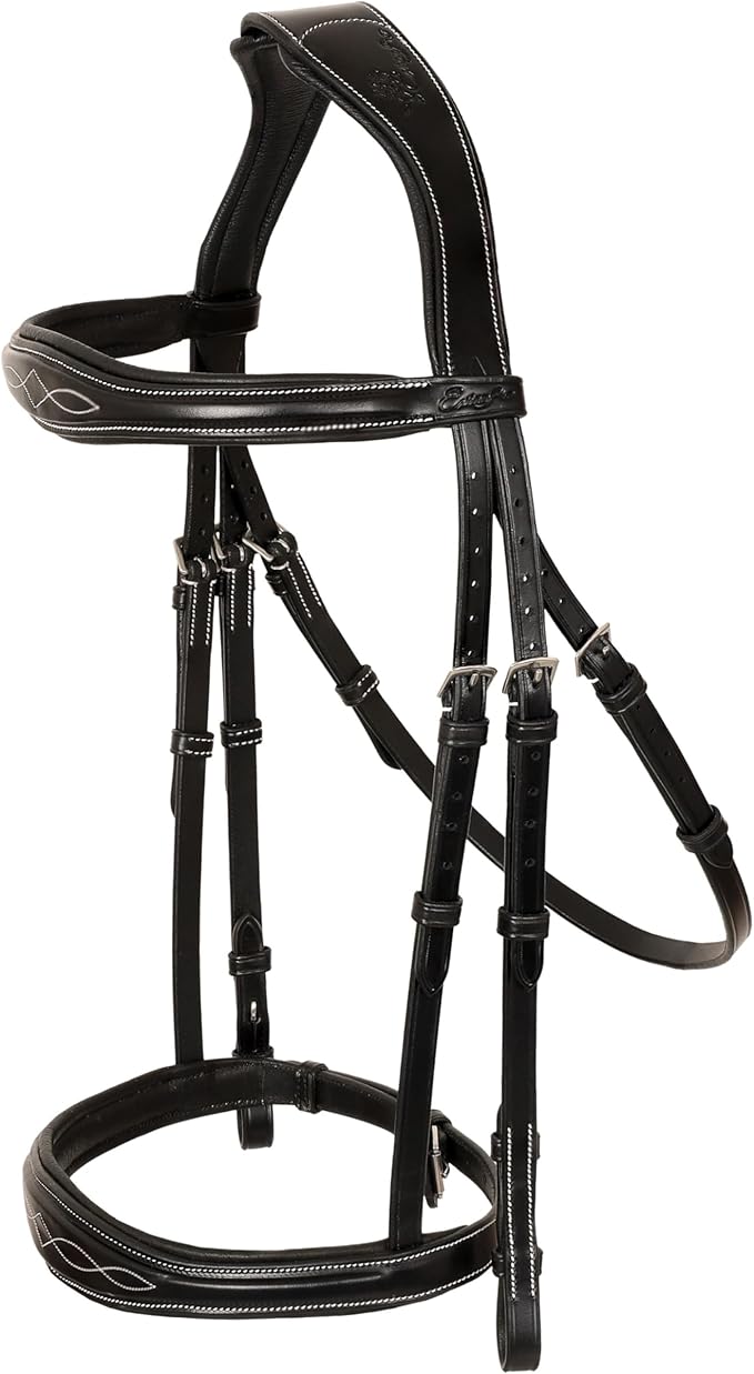 Exion Hunter Anatomic English Bridle – Padded Fancy Stitched Leather Bridle with Rubber Reins – Ergonomic Poll Relief Crownpiece for Show Jumping & Eventing – Stainless Steel – Havana Brown