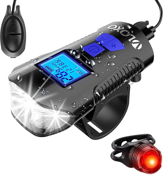 VLOXO Bike Speedometer with LED Bike Light, IP65 Waterproof Bicycle Odometer with Horn LED Front & Tail Light USB Rechargeable Bicycle Computer