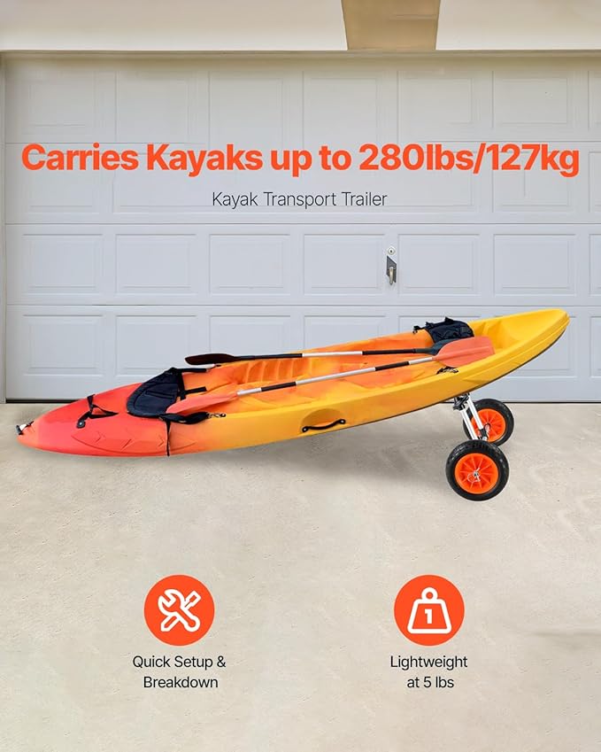 VEVOR Kayak Cart, 280lbs Load Capacity with 10 Inch Solid Tires, Heavy Duty Detachable Canoe Trolley Cart with Adjustable Width & Top Foam Protection, for Kayaks with Drain Holes of 2.54cm and Above