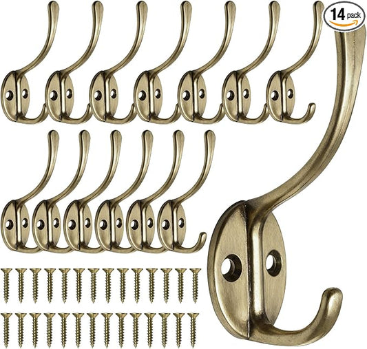 14 Pack Coat Hooks Wall Mounted with 28 Screws, Heavy Duty Antique Brass Towel Hooks Metal Double Hooks, No Rust Retro Rustic Wall Hooks for Hanging Towel, Coat, Scarf, Bag, Hat, Cup, Key