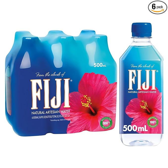 FIJI Natural Artesian Bottled Water 500 mL / 16.9 Fl Ounce (Pack of 6) - 100% Recycled Plastic