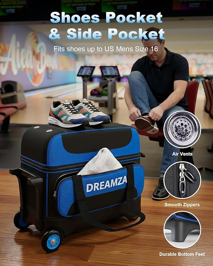 2 Ball Bowling Bag with Wheels, Double Bowling Ball Bag 2 Ball Roller w/Separate Compartment for Shoes Up to US Mens Size 16, w/Retractable Handle Extends to 40" & Accessories Pocket