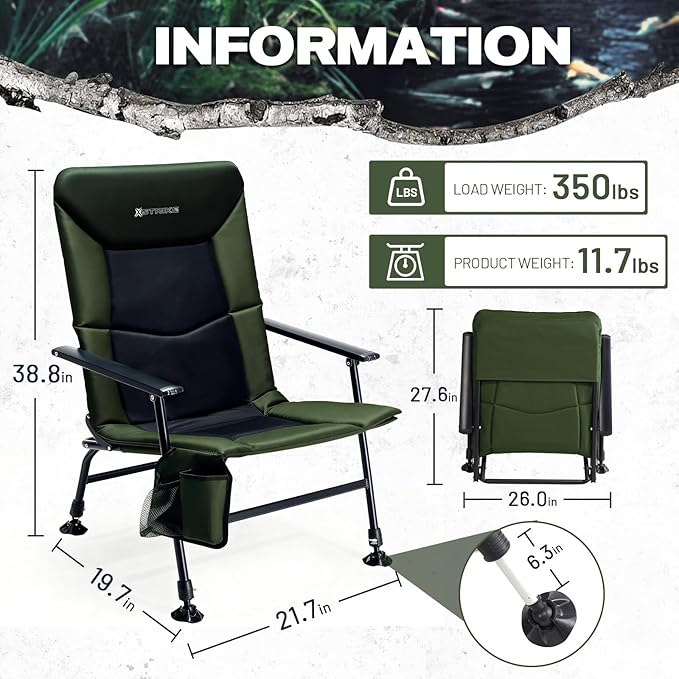 X Strike Oversized Folding Fishing Chair with Rod Holder Heavy Duty 350LBS, Feet Adjustable Padded Camping Chair with Cup Holder Side Pocket Hard Armrest