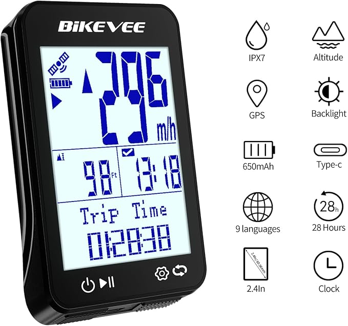 GPS Bike Computer Wireless Bicycle Speedometer Odometer 9 Languages Auto Backlight Auto Start Stop IPX7 Waterproof 2.4 Inch LCD Supports MPH KMH