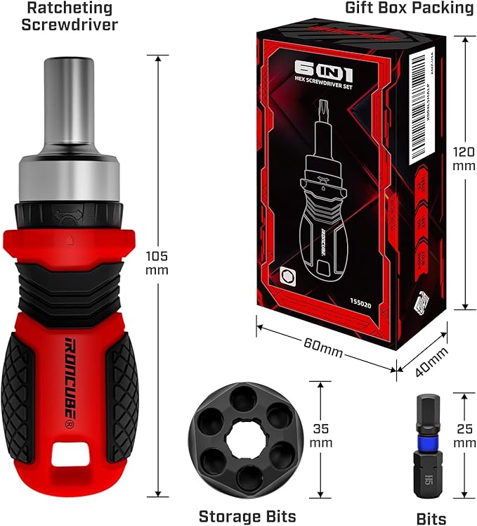 IRONCUBE Magnetic Hex Screwdriver Set: 6 in 1 Multi Bit Drive Set with Interchangeable Ratchet Handle - Portable Repair Tool Kit for DIY Bicycle Furniture - Stocking Stuffers with Gift Box