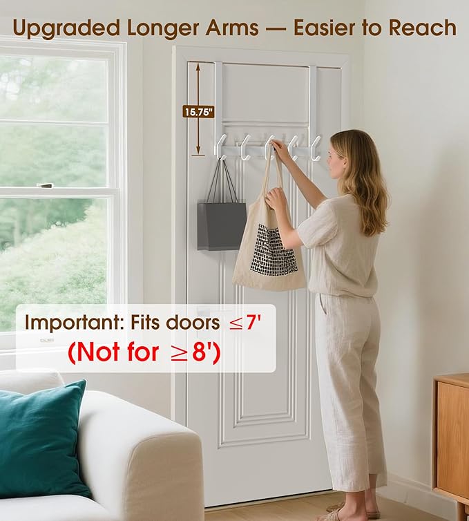 KitchLife Over The Door Hooks Hanger with 15.75 inches Extended Arms, Fit for 1-3/8" Doors, J40U, Thickened Bathroom Towel Rack Organization, 1 Pack Double-Hook, Glossy White