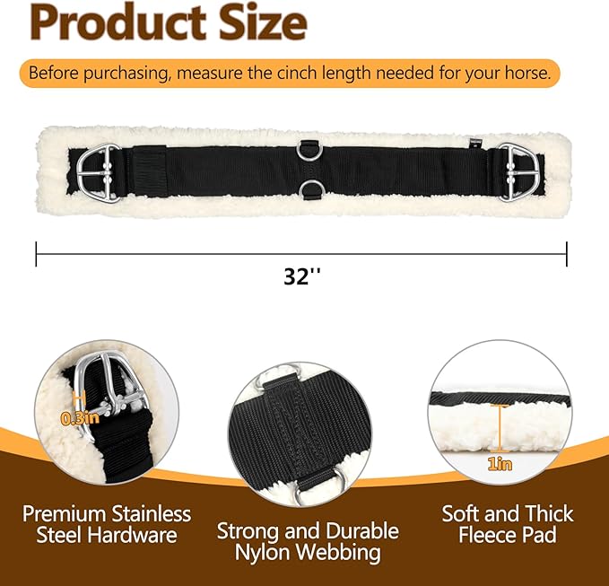 Western Cinch Horse Girth 28" to 34" - Soft 25mm Thick Fleece Padding & Non-Slip Nylon Webbing with Stainless Steel Buckles - Comfortable, Durable, and Easy to Install for Western Saddles