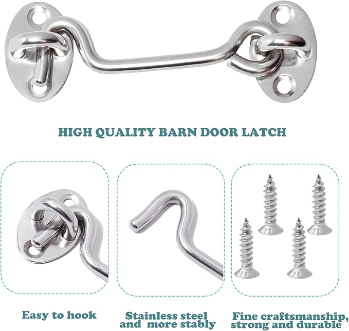 4" Barn Door Latch Door Lock Hardware, Sliding Door Lock Eye Hook Latch with Screws, Rust-Resistant Metal Gate Latch, Privacy Hooks Latch for Inside Door, Wooden Fence, Garage Door (3 Pack)