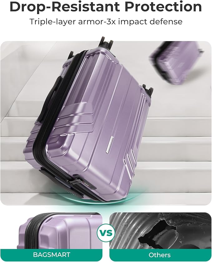 BAGSMART 機内持ち込み手荷物 拡張可能 22x14x9 航空会社承認済み 20インチ 旅行用スーツケース スピナーホイール付き 軽量 ハードシェル スーツケース 機内持ち込み ラベンダーパープル