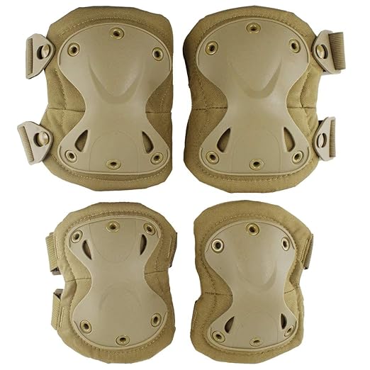 Military Tactical Knee Pad Elbow Pad Set Airsoft Knee Elbow Protective Pads Combat Paintball Skate Outdoor Sports Safety Guard Gear (X-Shape Khaki, M, 4pcs Set)