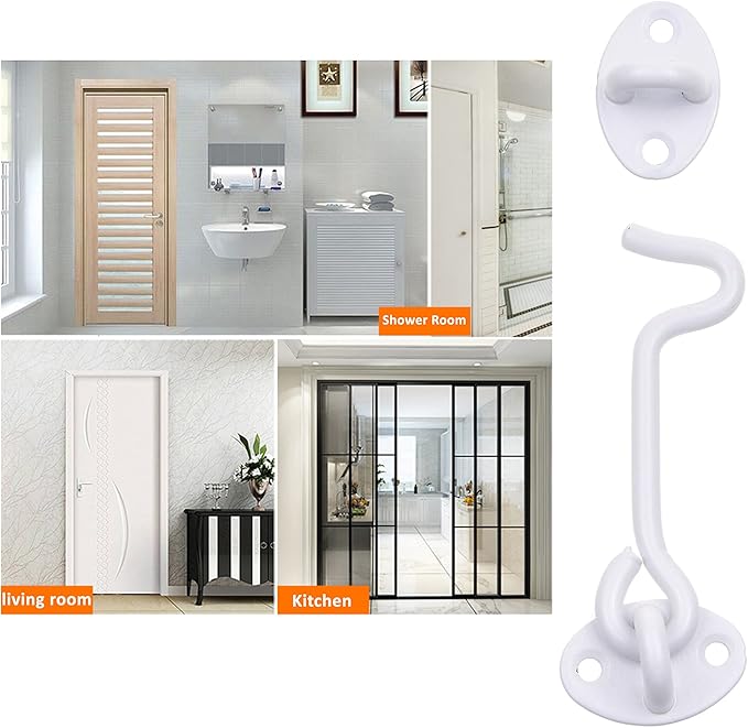 Eco-Fused 4-inch Heavy Duty Hook and Eye Latch - 1x Barn Door Lock (White), 4X Mounting Screws - Powder Coated Stainless Steel Hooks for Door, Windows, Sheds, Fences, Gates, Closets, Cabinets