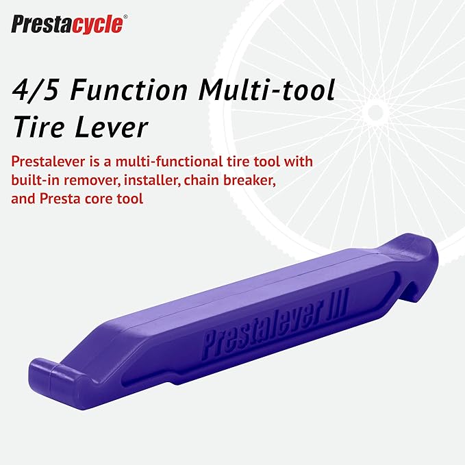 Prestalever GO – 5-in-1 Multi-tool Tire Lever for Bikes, IndeGO Purple, Tire Remover, Installer, Presta Valve Core Tool, Quick-Link Chain Breaker & Tubeless Tire Plugger Adapter
