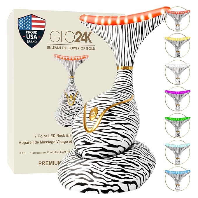GLO24K レッドライト フェイス＆ネック美容デバイス – 7-in-1 フェイシャルマッサージャーツールおよびネックケアデバイス（ネックラインケア、女性用フェイス＆ネックマッサージャー）
