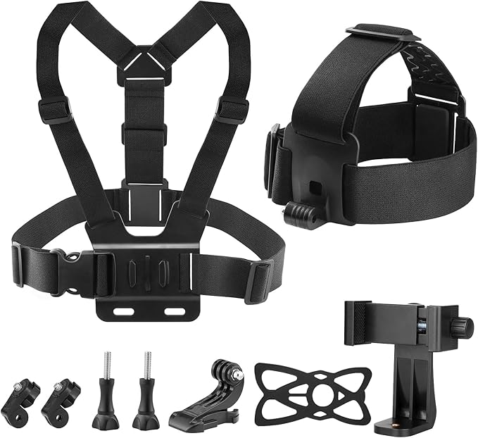 Chest & Head Mount Kit for Action Cameras and Smartphones – Hands-Free POV Recording for GoPro, Insta360, DJI Osmo, AKASO, SJCAM, CAMPARK, Crosstour, APEMAN, WOLFANG, Apexcam, COOAU, Surfola
