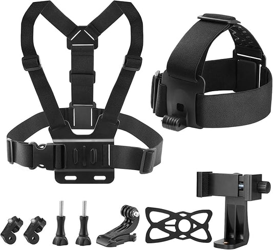 Chest & Head Mount Kit for Action Cameras and Smartphones – Hands-Free POV Recording for GoPro, Insta360, DJI Osmo, AKASO, SJCAM, CAMPARK, Crosstour, APEMAN, WOLFANG, Apexcam, COOAU, Surfola