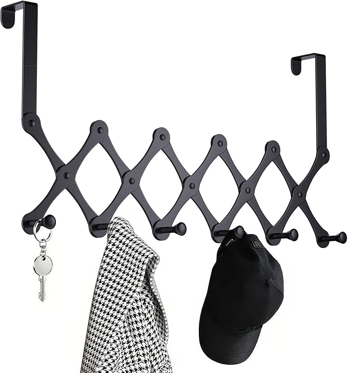 Expands Over The Door Hook Rack, Heavy Duty No Drill Hooks for Bathroom, Bedroom, Kitchen, Closet - Over The Door Hanger for Towels, Robes, Bags, Coats(Black)