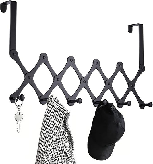 Expands Over The Door Hook Rack, Heavy Duty No Drill Hooks for Bathroom, Bedroom, Kitchen, Closet - Over The Door Hanger for Towels, Robes, Bags, Coats(Black)