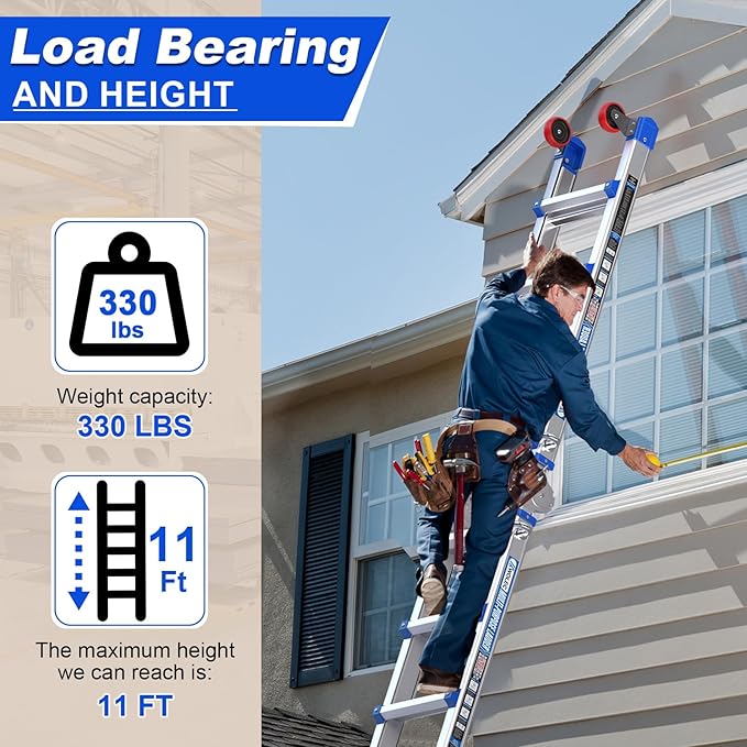 Telescoping A-Frame Ladder- 11FT Folding Extension Ladder with Wheels & Stabilizer Bar, 330lb Security Load Multi Position Ladders for Stairs Home Indoor Outdoor Roof