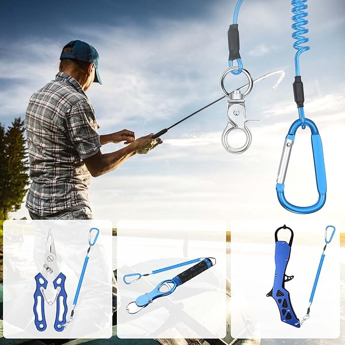 Woanger 6 Pack Fishing Lanyard Steel Wire Coiled Lanyard Tool Lanyards for Hand Tools Kayak Retractable Tool Leash Fishing Rod Safety Lanyards Gear with Alloy Clips for Pliers Boating