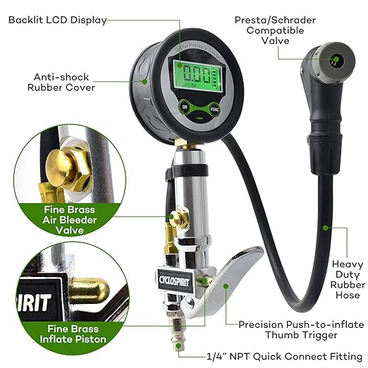 CycloSpirit Digital Bicycle Tire Inflator Gauge with Auto-Select Valve Type - Presta and Schrader Air Compressor Tool