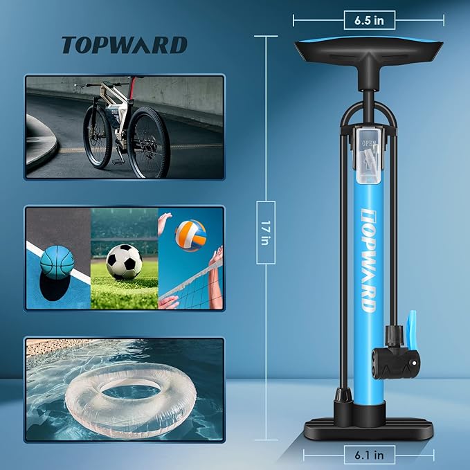 Topward Bicycle Tire Pump Portable, Hand Air Pump for Bike Exercise Balls Inflatables, Fits Presta & Schrader Valve, Bike Floor Pump with Ball Pump Needle for Soccer Volleyball Basketball Inflator