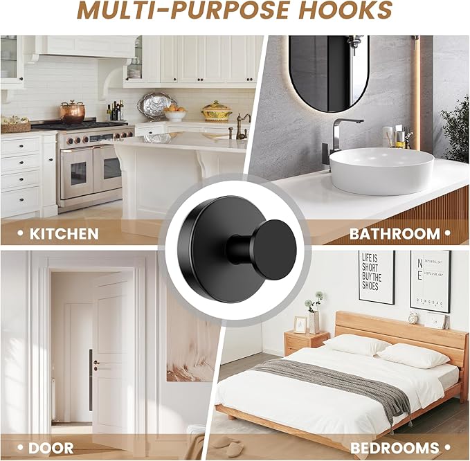 BKV Suction Cup Hooks for Glass Window,Removable Shower Hooks for Inside Shower,Metal Towel Hooks for Bathrooms,6 Pack(Black)
