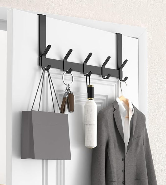 KitchLife Over The Door Hooks with 7" Extended Arms, Fits 1-3/8" Doors, J18U, Heavy Duty Bathroom & Closet Towel Rack, Double-Hooks Hanger 1 Pack, Matte Black