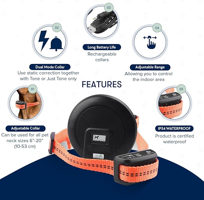 My Pet Command, Indoor Pet Barrier Adjustable Range, Static and Tone Correction, Hidden Fence for Dogs Containment Collar, Wireless Pet Gate Keeps Areas Off Limits, Rechargeable Collars 1 Collar kit