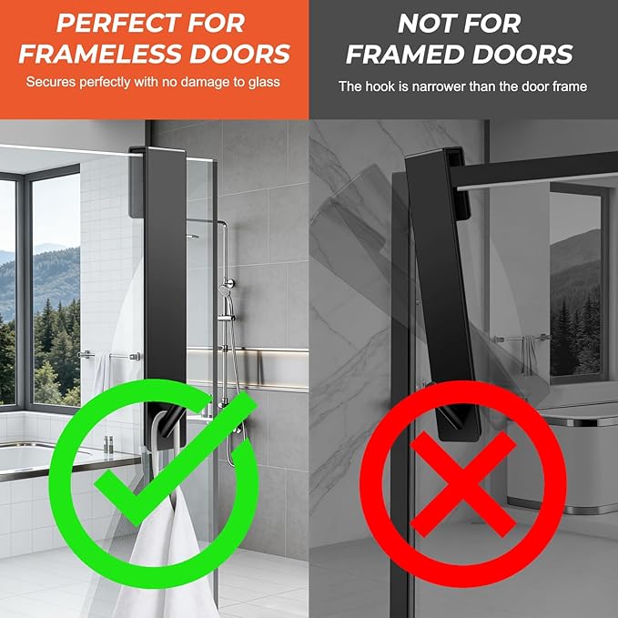 Shower Door Hooks(10 Inch),Extended Over Door Hooks for Bathroom Frameless Glass Shower Door,Stainless Steel Towel Hooks,Heavy Duty Rack Hooks for Robe,Towel-2 Pack-Black