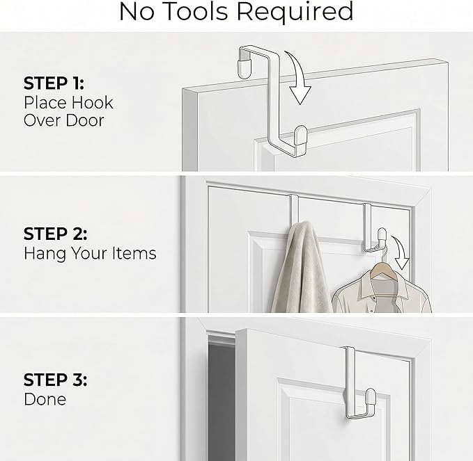 Unjumbly 4 Pack Over The Door Hooks - Fitting Door Width Between 1 3/8" and 1 3/4", Reversible Door Hangers for Hanging Clothes, Towels, Coats and More (White) (White, 4 Pack (Long-7.8"))