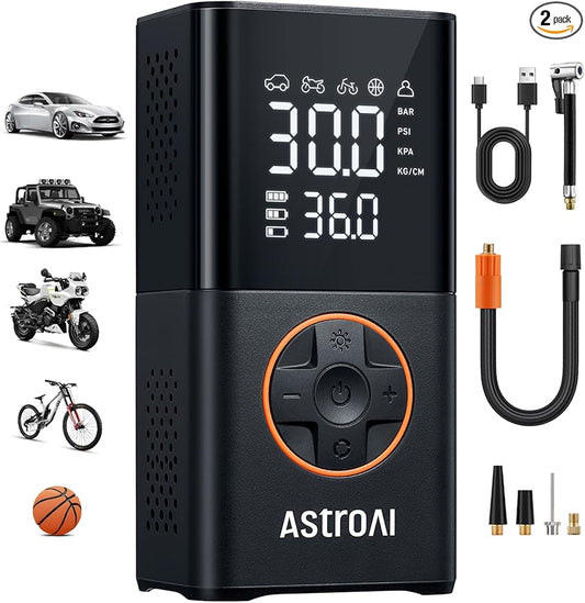AstroAI L7 Tire Inflator Portable Air Compressor Cordless-2pack Bike Pump with Digital Dual Values Display, 150 PSI Car Tires Pump with LED Lights Air Pump for Cars, Motorcycles, Bikes, Balls Orange