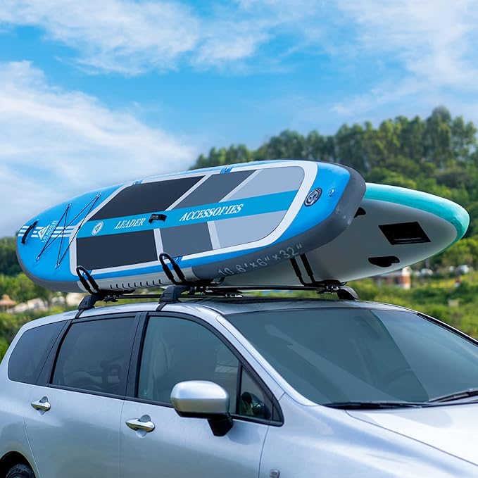 XCAR Universal 2 Pairs Kayak Roof Rack for Surfboard Paddleboard Canoe SUP Boat Skiboard- Rooftop J Bars Carriers Holders for Vehicle Car SUV - Roof Top Mount Kayaks Carrier with 4pcs Straps