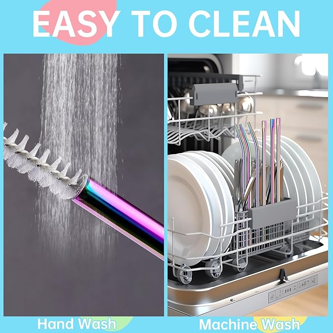 NiHome 6PCS 12" Anti-Wrinkle Flat Tip Reusable Stainless Steel Straws for Stanley 30oz 40oz Tumblers, Wrinkle Free Metal Straws Lip-Friendly for Iced Coffee, Water (Iridescent, 3 Straight + 3 Bent)