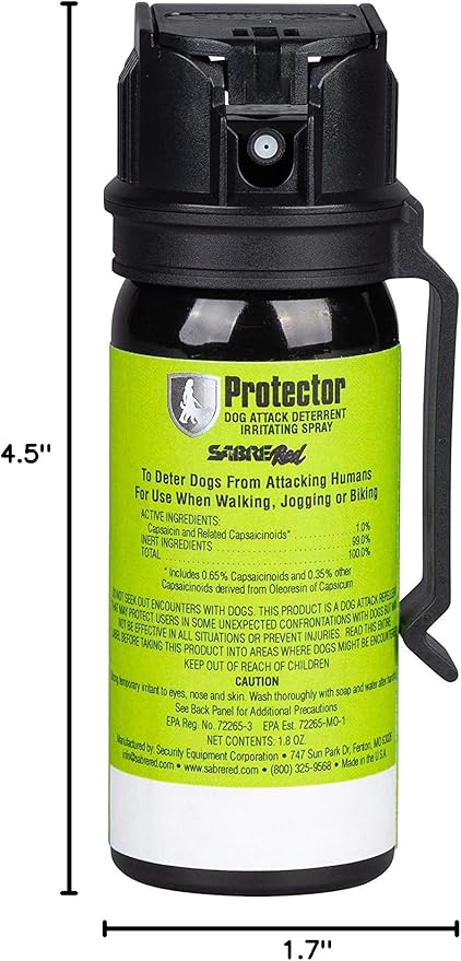 SABRE RED SABRE Protector Dog Pepper Spray & Belt Clip, Fast Flip Top Safety, 7 Bursts, 15-Foot (4.6-Meter) Range, Humane Dog Attack Deterrent, Max Strength Allowed By EPA for Self Defense, 1.8 fl oz