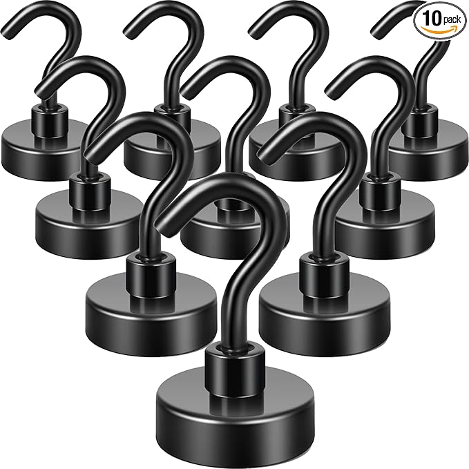 Neosmuk Magnetic Hooks, Heavy Duty 40lb+ Strong Magnet Hook for Cruise Cabins, Cruise Ship Essentials for Hanging, Metal Wall Refrigerator Hangers (Black, 10 Pack)